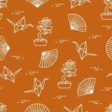 Pattern. Bonsai trees, origami cranes, fans. Stock Illustration
