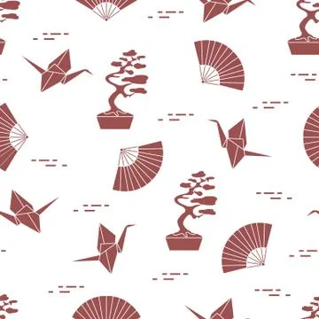 Pattern. Bonsai trees, origami cranes, fans. Stock Illustration