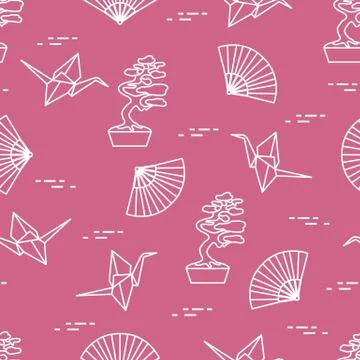 Pattern. Bonsai trees, origami cranes, fans. Stock Illustration