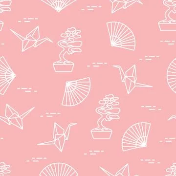 Pattern. Bonsai trees, origami cranes, fans. Stock Illustration