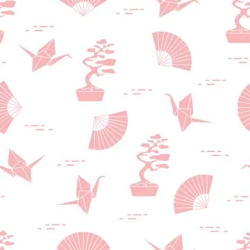 Pattern. Bonsai trees, origami cranes, fans. Stock Illustration