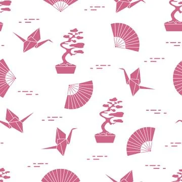 Pattern. Bonsai trees, origami cranes, fans. Stock Illustration