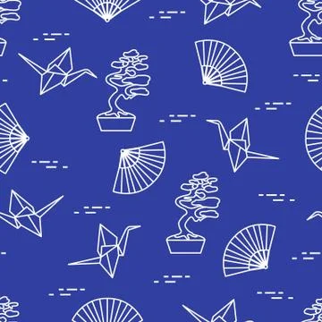 Pattern. Bonsai trees, origami cranes, fans. Stock Illustration