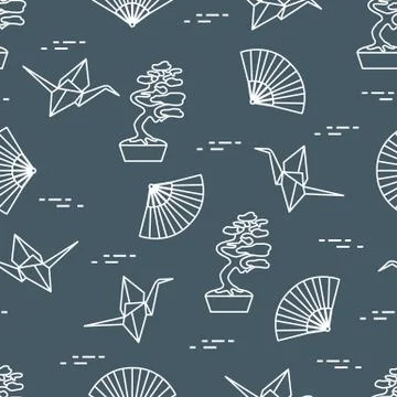 Pattern. Bonsai trees, origami cranes, fans. Stock Illustration