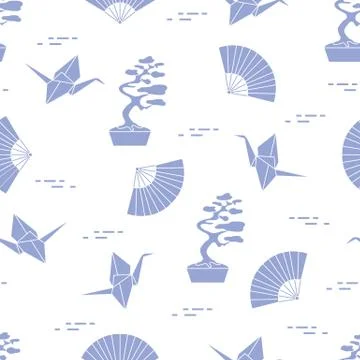 Pattern. Bonsai trees, origami cranes, fans. Stock Illustration