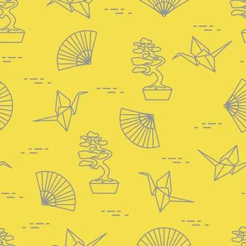 Pattern. Bonsai trees, origami cranes, fans. Stock Illustration