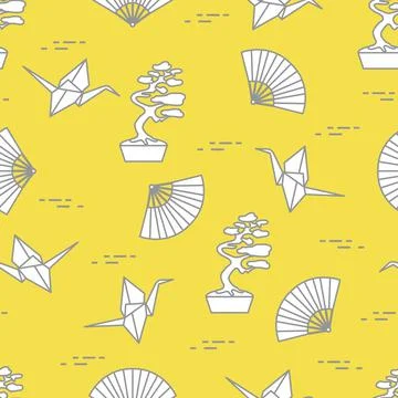 Pattern. Bonsai trees, origami cranes, fans. Stock Illustration