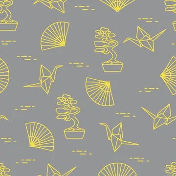 Pattern. Bonsai trees, origami cranes, fans. Stock Illustration