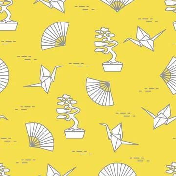 Pattern. Bonsai trees, origami cranes, fans. Stock Illustration