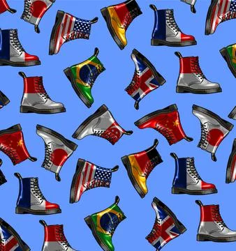Pattern of boots from various countries on white background Stock Illustration