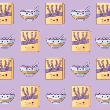 Pattern of boxes and dishes with cereal kawaii style Stock Illustration