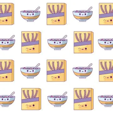Pattern of boxes and dishes with cereal kawaii style Stock Illustration