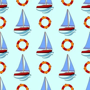 Pattern for boys. The best and brightest pattern with sailboats and life buoy Stock Illustration
