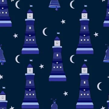 Pattern for boys. The best pattern with lighthouses, moon and stars. Night sky Stock Illustration