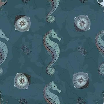 Pattern for boys. Marine theme. Seamless pattern with seahorse and compass. W Stock Illustration
