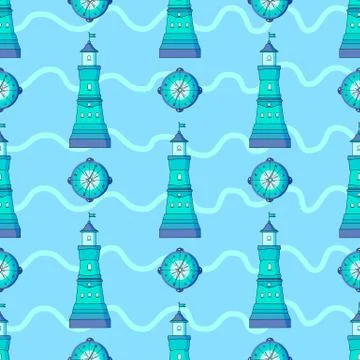Pattern for boys. Marine theme. Seamless pattern with lighthouse and compass  Stock Illustration