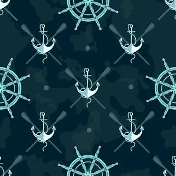 Pattern for boys. Marine theme. Seamless background with anchor and steering  Stock Illustration