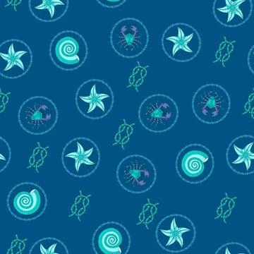 Pattern for boys. Marine theme. Seamless pattern with seashell, crab and star Illustrazione stock