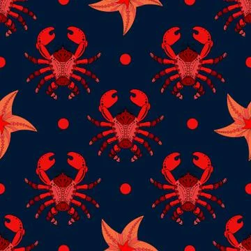 Pattern for boys. Marine theme. Seamless pattern with red crabs and starfish  Stock Illustration