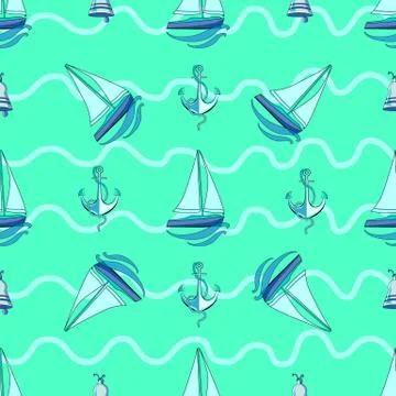 Pattern for boys. Marine theme. Seamless pattern with boats, anchor and belli Stock Illustration