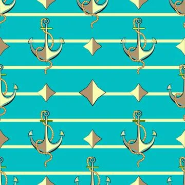 Pattern for boys. Marine theme. Seamless pattern with gold anchor and rhombus Stock Illustration