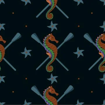 Pattern for boys. Marine theme. Seamless dark background with seahorse and oa Stock Illustration