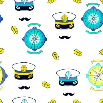 Pattern for boys. Marine theme. Seamless pattern with compass and sailor's ca Stock Illustration