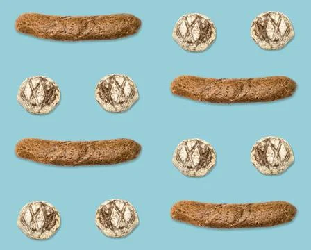Pattern of bread buns and dark baguette on blue background Stock Photos
