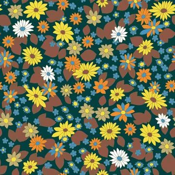 Pattern of bright abstract flowers on a dark green background. Repeatable v.. Stock Illustration