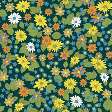 Pattern of bright abstract flowers on a dark green background. Repeatable v.. Stock Illustration