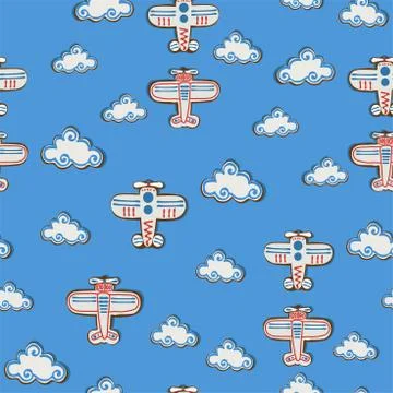 Pattern bright beautiful children`s plane and clouds Stock Illustration