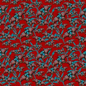 A pattern with bright butterflies on a dark background. Soaring moths in Stock Illustration