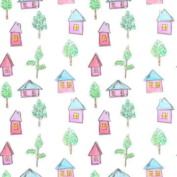 Pattern of bright houses and trees for a childish design, watercolor, sketch Illustrazione stock