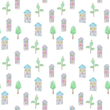 Pattern of bright houses and trees for a childish design, watercolor, sketch Stock Illustration