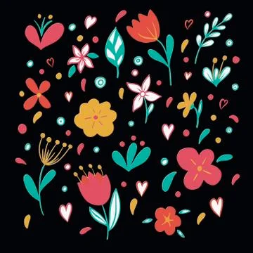 Pattern of bright pink and yellow flowers on a back background in vector Stock Illustration