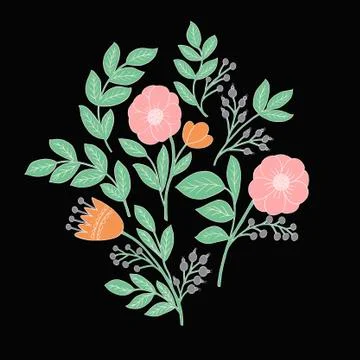 Pattern with bright pink flowers and leaves on a black background. For Stock Illustration