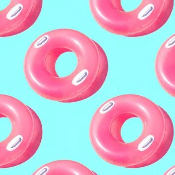 Pattern of bright pink inflatable rubber circles on a pale blue background Stock Photos