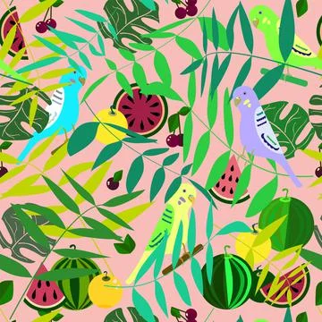 Pattern bright wavy parrot in palm leaves 스톡 일러스트