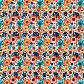 Pattern of brightly colored orange, dark blue, red flowers and leaves Stock Illustration