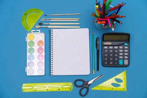 Pattern of brightly colored stationery accessories. Back to school. Stock Photos