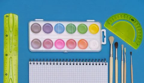 Pattern of brightly colored stationery accessories. Back to school. Stock Photos