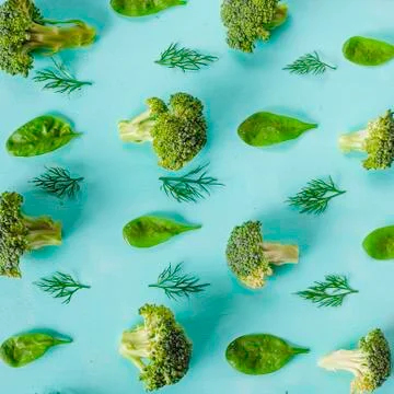 Pattern with broccoli, spinach and dill. Vegetables abstract background. Broc Stock Photos