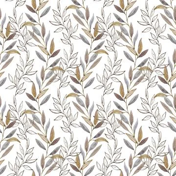 Pattern of brown autumn twigs with leaves wedding holiday greeting three Stock Illustration