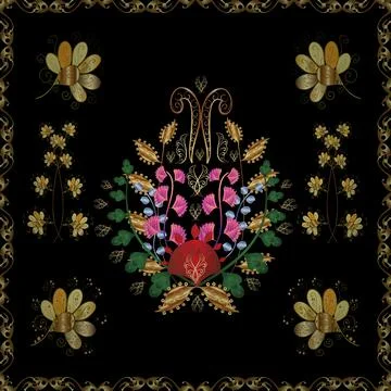 Pattern on brown, black and yellow colors. Ornamental floral elements with henna Illustrazione stock