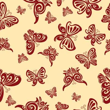 Pattern, brown stylized butterflies on a beige background, vector illustratio Stock Illustration