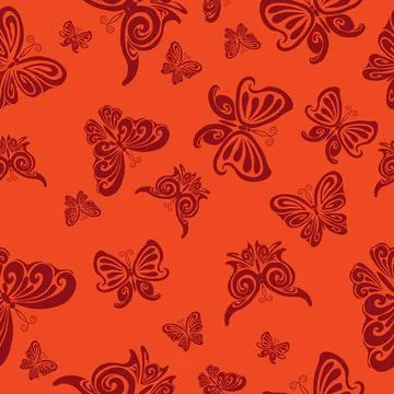 Pattern, brown stylized butterflies on a red background, vector illustration, Stock Illustration