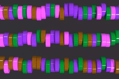 Pattern of brown, violet and green cylinder tablets on black background Stock Illustration
