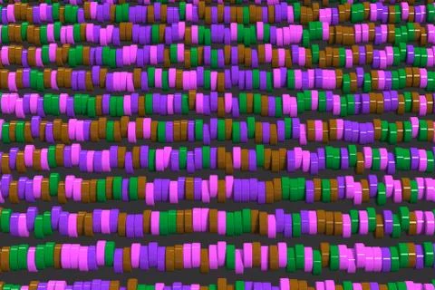 Pattern of brown, violet and green cylinder tablets on black background Stock Illustration