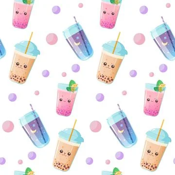 Pattern of bubble tea and tapioca in a kawaii Illustrazione stock