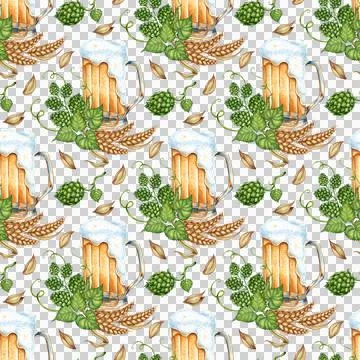 Pattern of bunches of ears with grains and hops watercolor Illustrazione stock